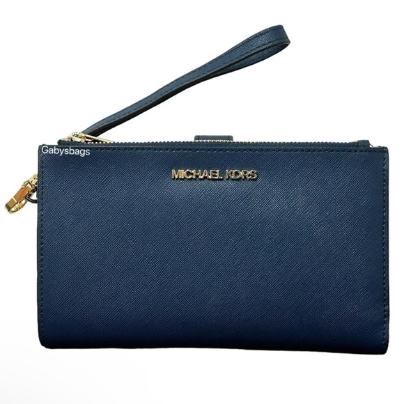 Michael Kors Jet Set Travel Large Double Zip Phone Wallet Wristlet Navy Leather - Picture 2 of 9